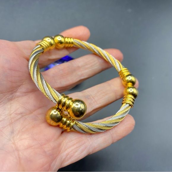 Stainless Steel Mixed Metals Gold & Silver Tone Cable Bangle Bracelet - Picture 6 of 7